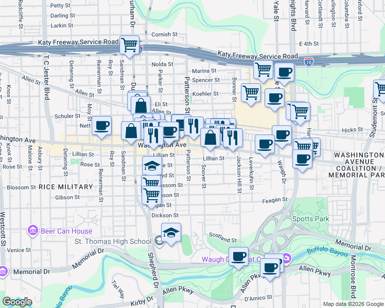 map of restaurants, bars, coffee shops, grocery stores, and more near 1010 Patterson Street in Houston
