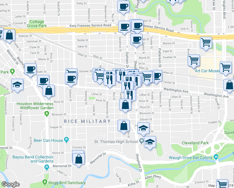 map of restaurants, bars, coffee shops, grocery stores, and more near 5002-5098 Washington Avenue in Houston