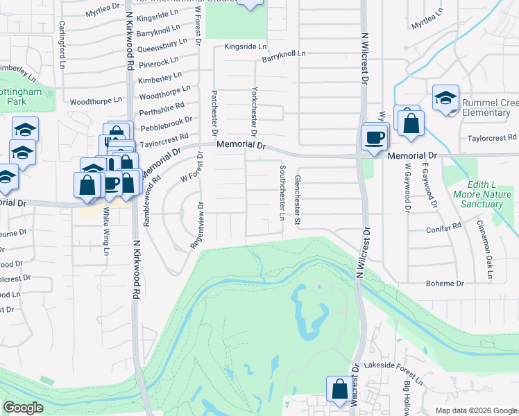 map of restaurants, bars, coffee shops, grocery stores, and more near 13611 Alchester Lane in Houston