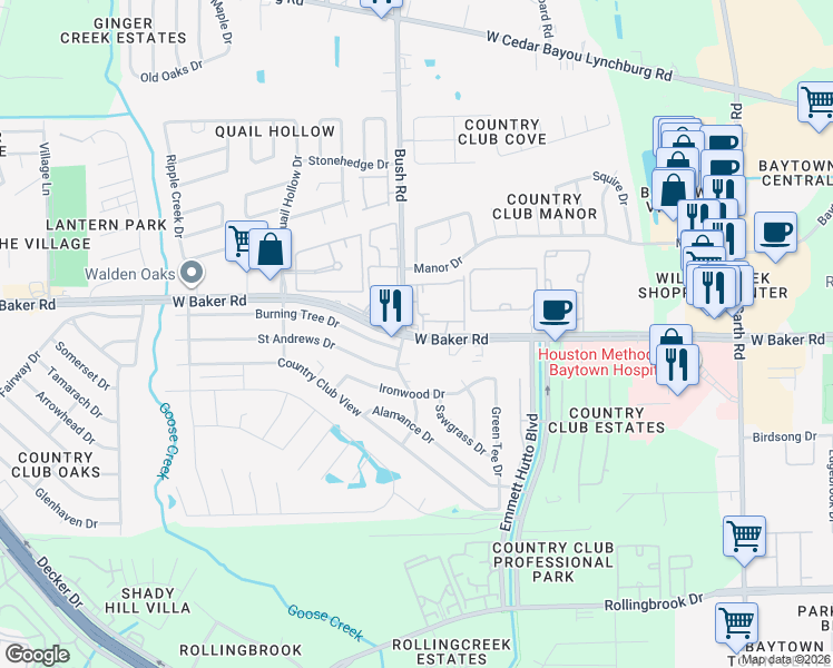 map of restaurants, bars, coffee shops, grocery stores, and more near 2814 West Baker Road in Baytown