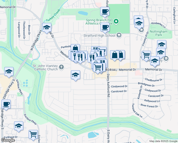 map of restaurants, bars, coffee shops, grocery stores, and more near 14750 Memorial Drive in Houston