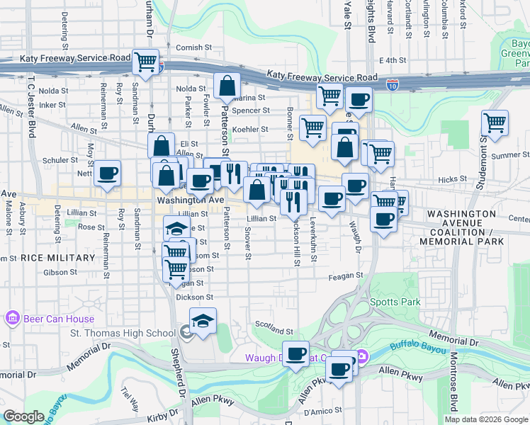 map of restaurants, bars, coffee shops, grocery stores, and more near 4216 Washington Avenue in Houston