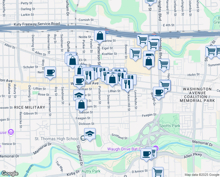 map of restaurants, bars, coffee shops, grocery stores, and more near 4216 Washington Avenue in Houston