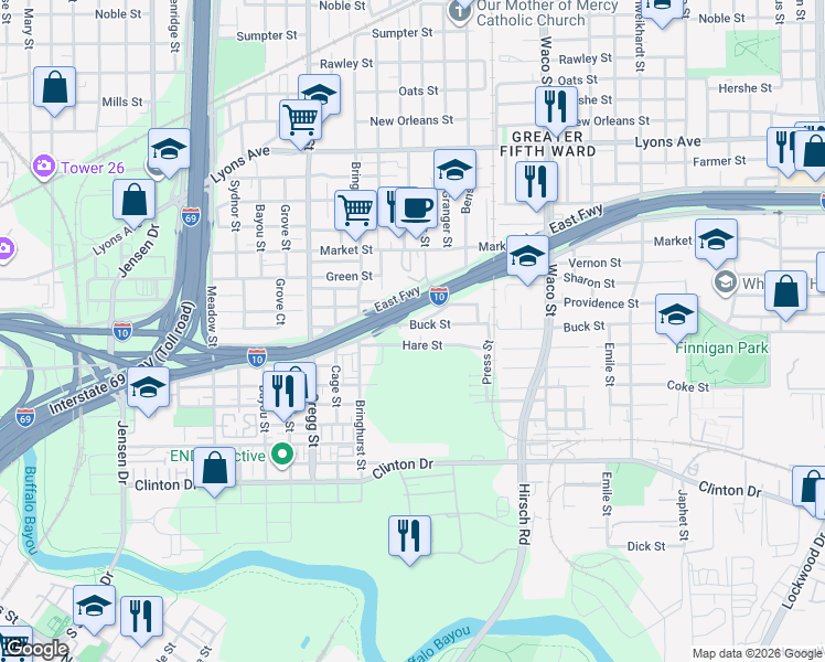 map of restaurants, bars, coffee shops, grocery stores, and more near 3808 Buck Street in Houston