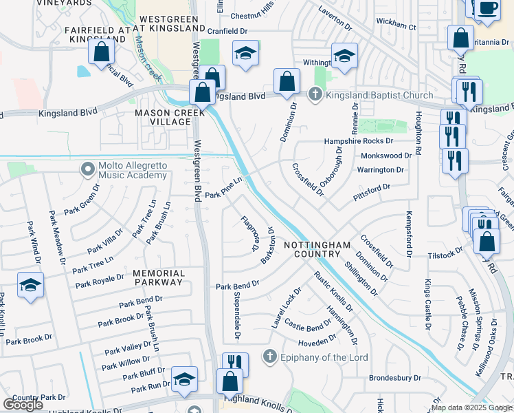 map of restaurants, bars, coffee shops, grocery stores, and more near 1026 Shillington Drive in Katy