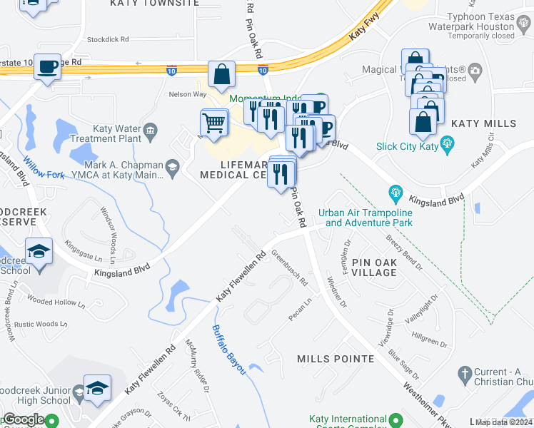 map of restaurants, bars, coffee shops, grocery stores, and more near 1400 Katy Flewellen Road in Katy
