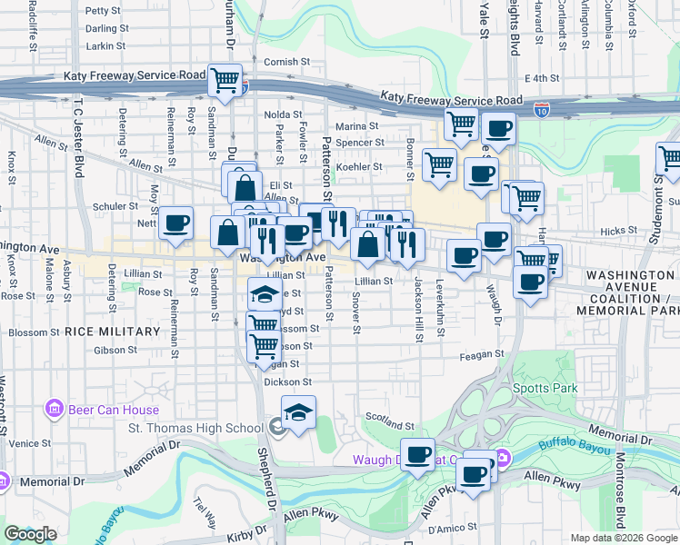map of restaurants, bars, coffee shops, grocery stores, and more near 1010 Patterson Street in Houston