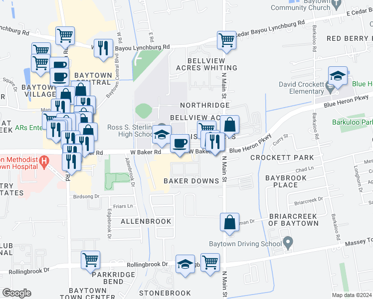 map of restaurants, bars, coffee shops, grocery stores, and more near 306 West Baker Road in Baytown