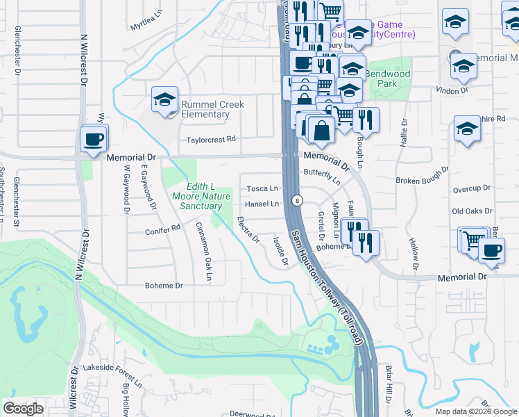 map of restaurants, bars, coffee shops, grocery stores, and more near 12930 Hansel Lane in Houston