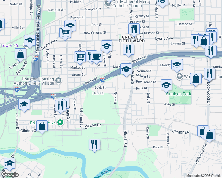 map of restaurants, bars, coffee shops, grocery stores, and more near 4108 Providence Street in Houston