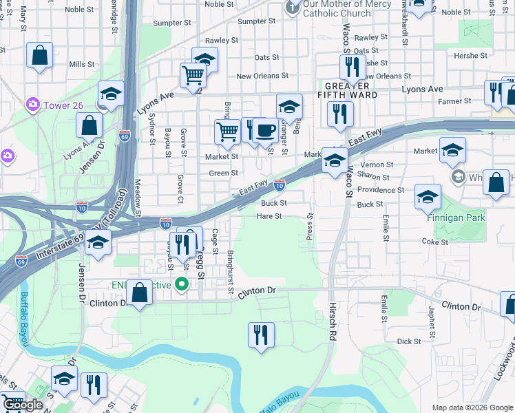 map of restaurants, bars, coffee shops, grocery stores, and more near 3717 Providence Street in Houston
