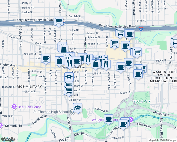 map of restaurants, bars, coffee shops, grocery stores, and more near 1010 Patterson Street in Houston