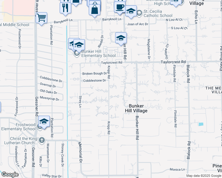 map of restaurants, bars, coffee shops, grocery stores, and more near 11834 Red Coat Lane in Houston