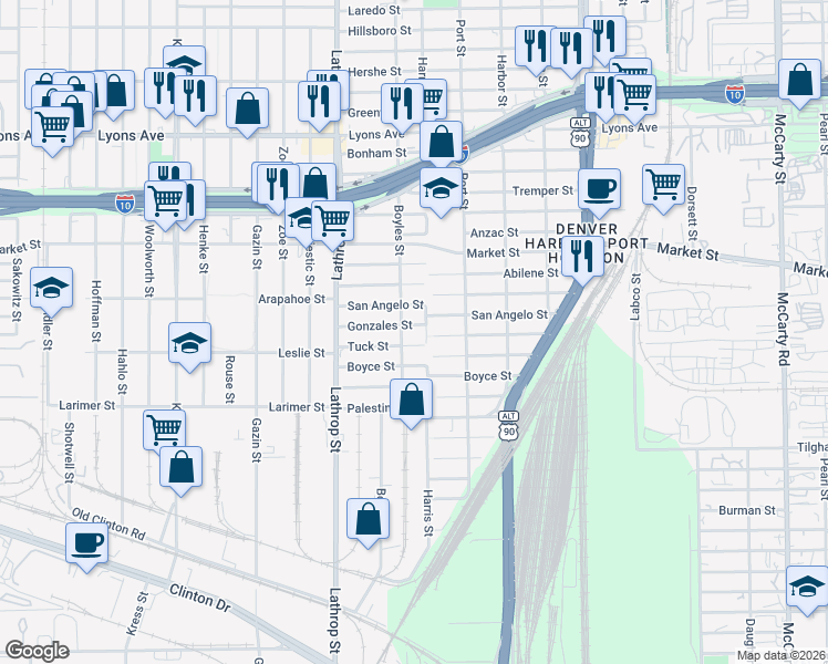 map of restaurants, bars, coffee shops, grocery stores, and more near 7120 San Angelo Street in Houston