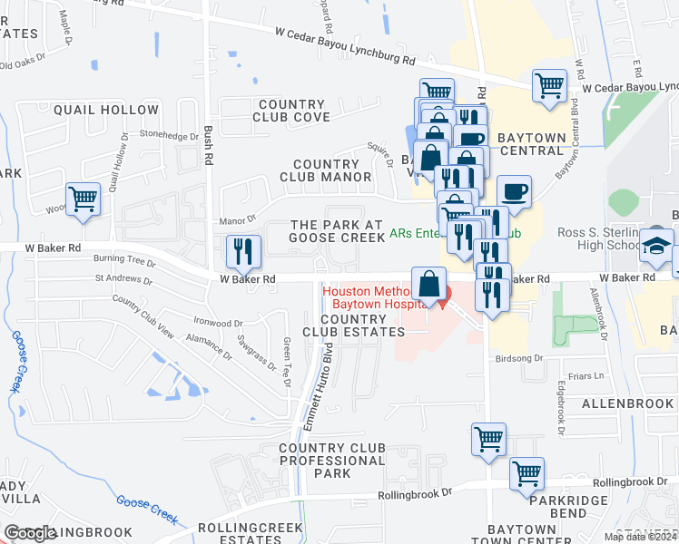 map of restaurants, bars, coffee shops, grocery stores, and more near 2100 West Baker Road in Baytown