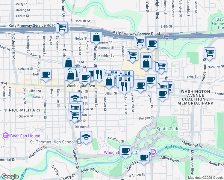 map of restaurants, bars, coffee shops, grocery stores, and more near 4216 Washington Avenue in Houston