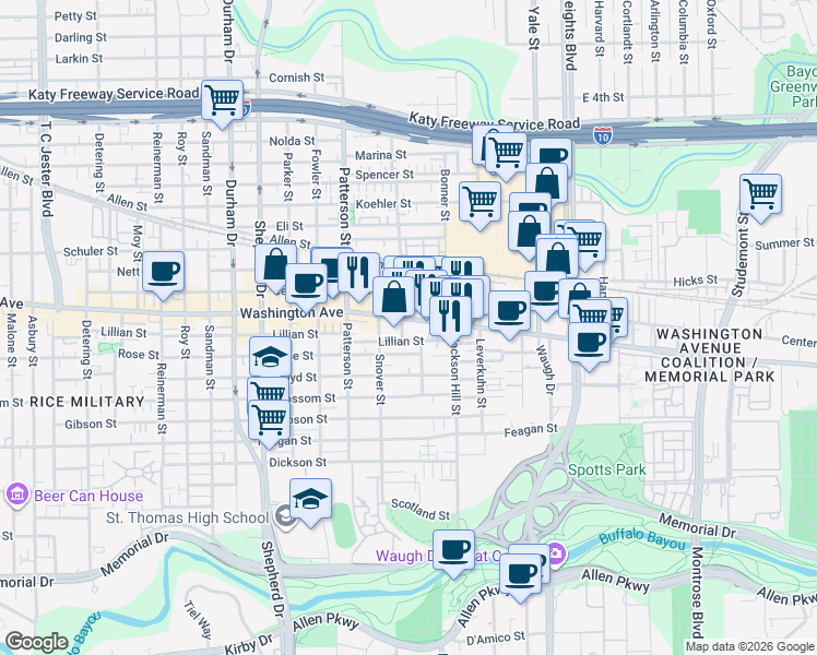 map of restaurants, bars, coffee shops, grocery stores, and more near 4120 Washington Avenue in Houston