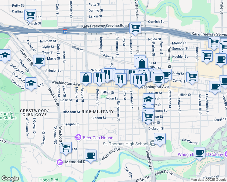 map of restaurants, bars, coffee shops, grocery stores, and more near in Houston