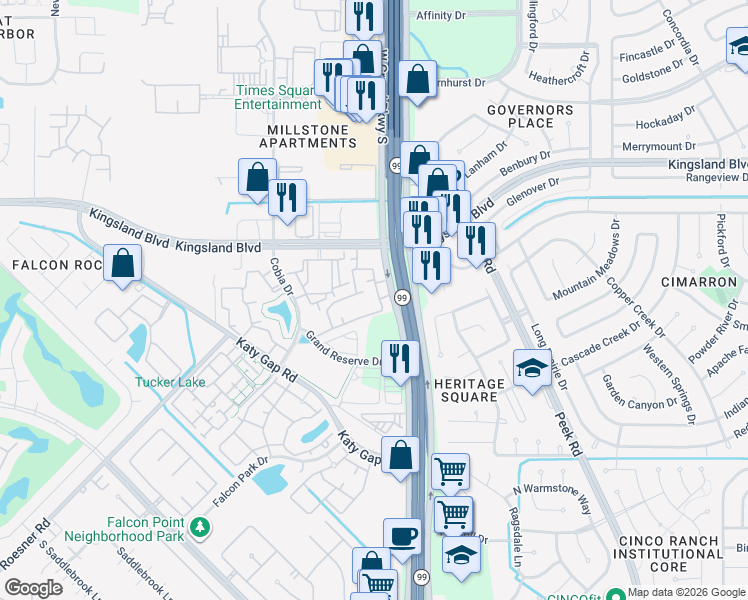 map of restaurants, bars, coffee shops, grocery stores, and more near 1515 West Grand Pkwy S in Katy