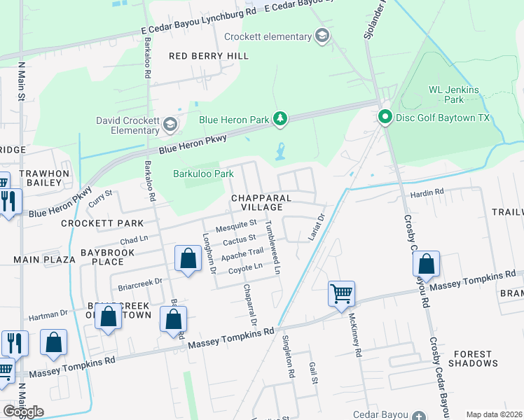 map of restaurants, bars, coffee shops, grocery stores, and more near 1401 Packsaddle Lane in Baytown