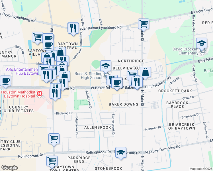 map of restaurants, bars, coffee shops, grocery stores, and more near 606 West Baker Road in Baytown