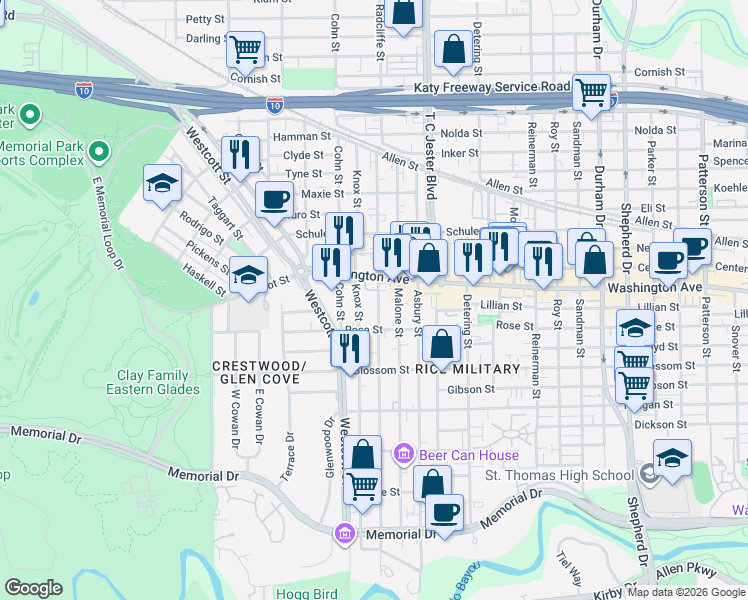 map of restaurants, bars, coffee shops, grocery stores, and more near 926 Knox Street in Houston