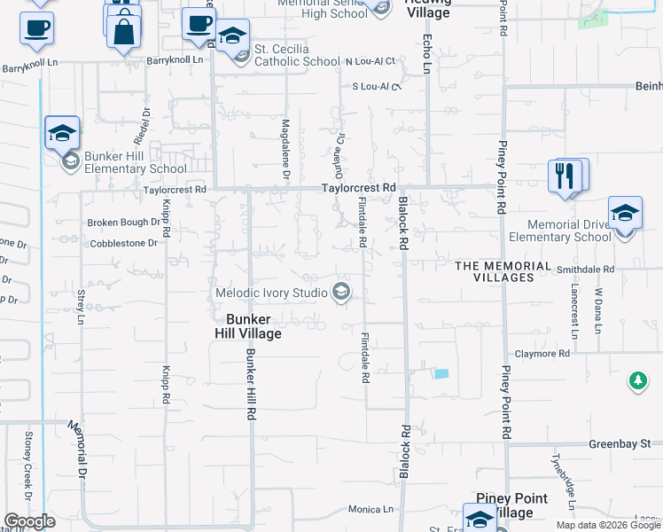 map of restaurants, bars, coffee shops, grocery stores, and more near 11715 Wendover Lane in Houston