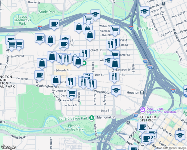 map of restaurants, bars, coffee shops, grocery stores, and more near Sabine Street in Houston