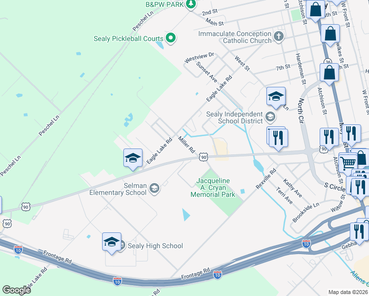 map of restaurants, bars, coffee shops, grocery stores, and more near 1100 Miller Road in Sealy