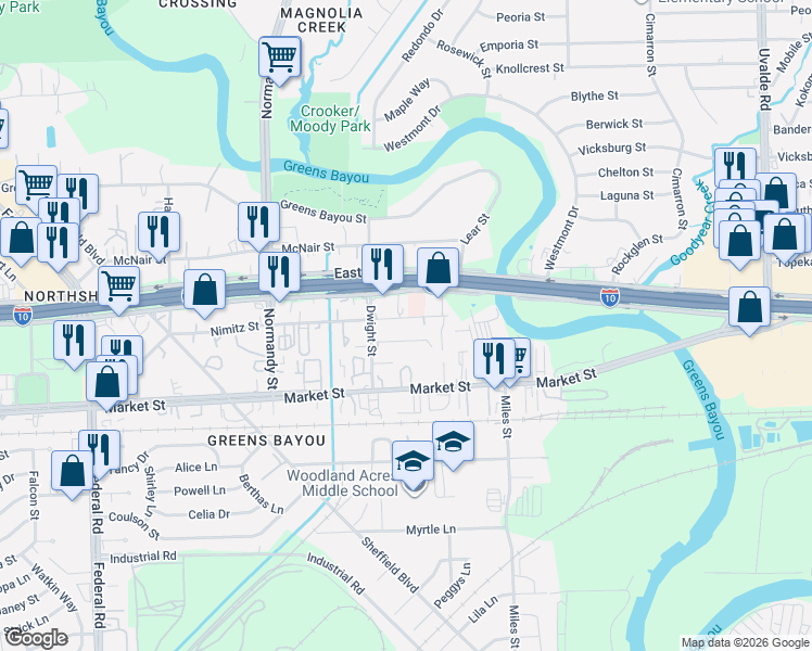 map of restaurants, bars, coffee shops, grocery stores, and more near 12950 East Freeway in Houston