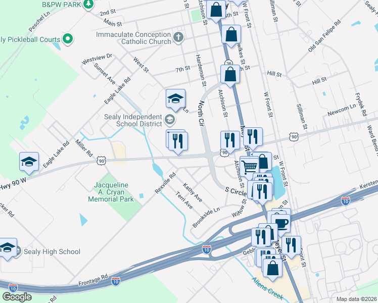 map of restaurants, bars, coffee shops, grocery stores, and more near 1241 North Circle in Sealy