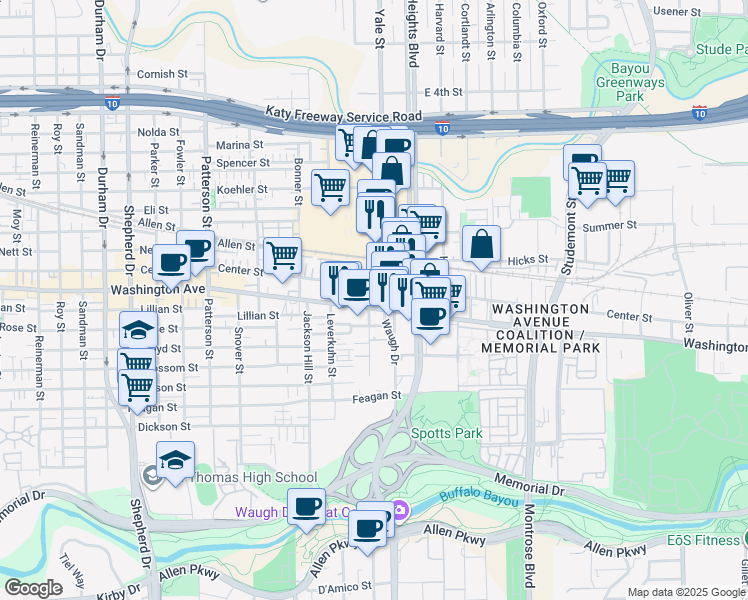 map of restaurants, bars, coffee shops, grocery stores, and more near 76 Yale Street in Houston