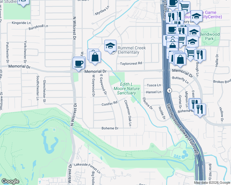 map of restaurants, bars, coffee shops, grocery stores, and more near 13011 Tosca Lane in Houston