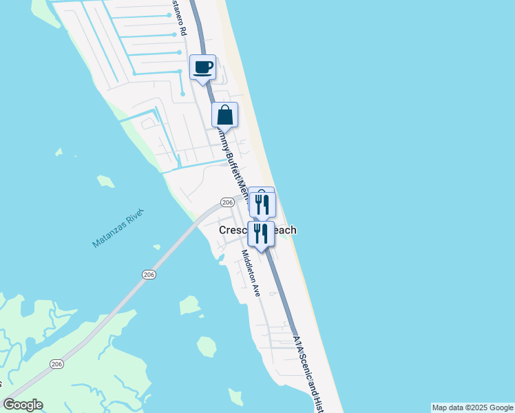 map of restaurants, bars, coffee shops, grocery stores, and more near 6816 Avenue A in St. Augustine