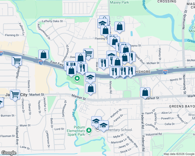 map of restaurants, bars, coffee shops, grocery stores, and more near 12305 East Freeway in Houston
