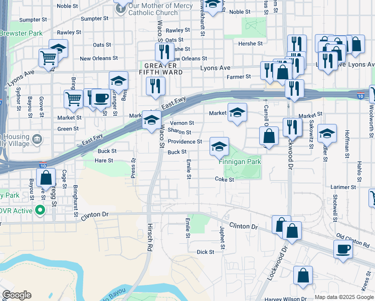 map of restaurants, bars, coffee shops, grocery stores, and more near 4614 Providence Street in Houston