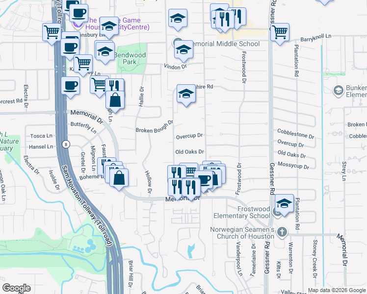 map of restaurants, bars, coffee shops, grocery stores, and more near 12519 Overcup Drive in Houston
