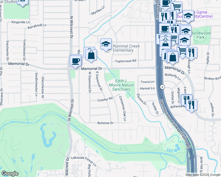 map of restaurants, bars, coffee shops, grocery stores, and more near 13011 Tosca Lane in Houston