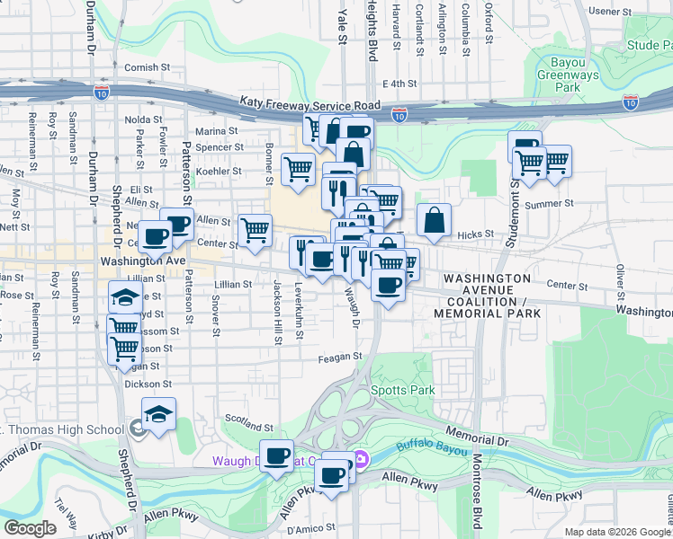 map of restaurants, bars, coffee shops, grocery stores, and more near 3800 Washington Avenue in Houston