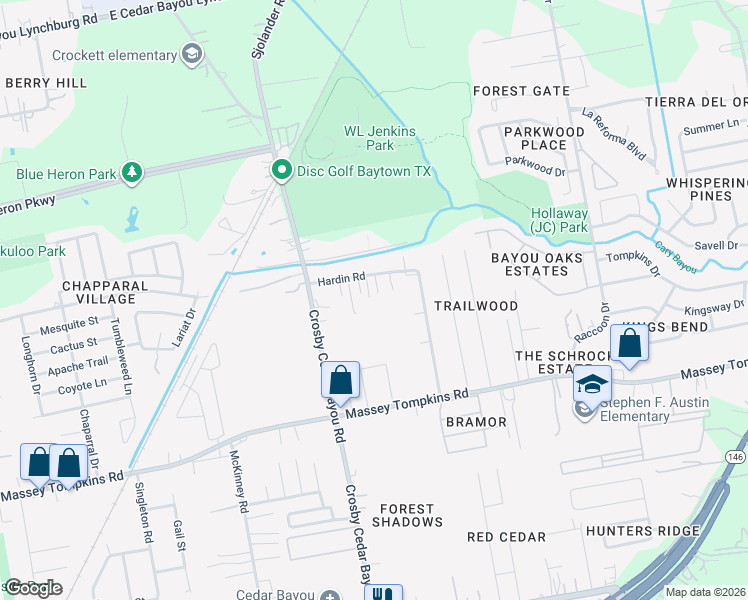map of restaurants, bars, coffee shops, grocery stores, and more near 2518 Hardin Road in Baytown