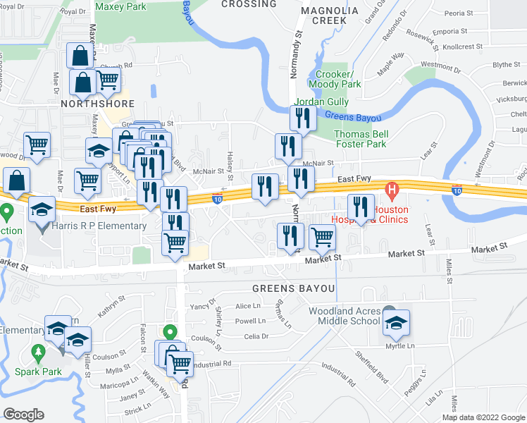 map of restaurants, bars, coffee shops, grocery stores, and more near 12740 East Freeway in Houston