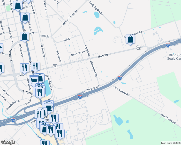 map of restaurants, bars, coffee shops, grocery stores, and more near 1307 Ward Bend Road in Sealy