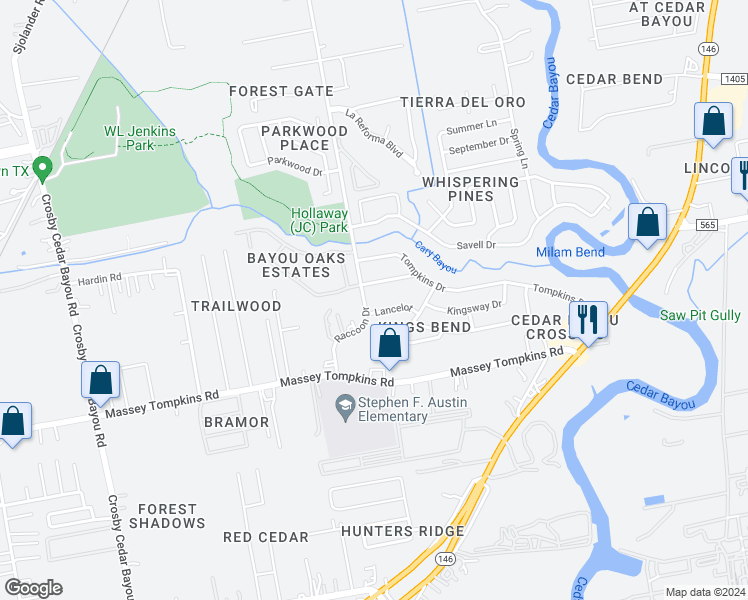 map of restaurants, bars, coffee shops, grocery stores, and more near 4014 Raccoon Drive in Baytown