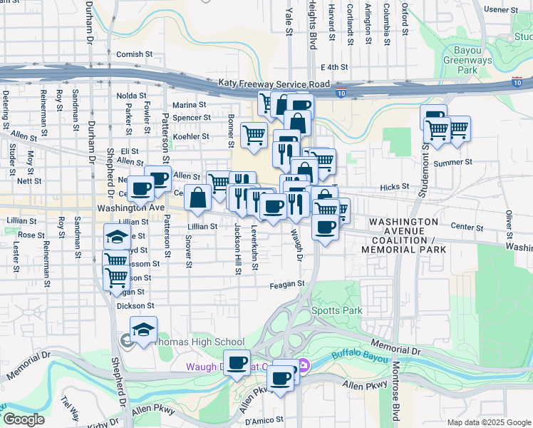 map of restaurants, bars, coffee shops, grocery stores, and more near 3990 Washington Avenue in Houston
