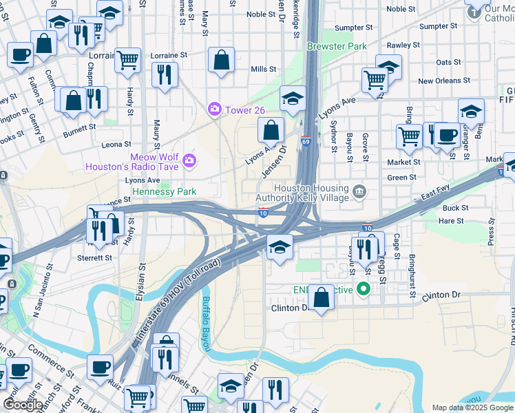 map of restaurants, bars, coffee shops, grocery stores, and more near 874 Jensen Drive in Houston