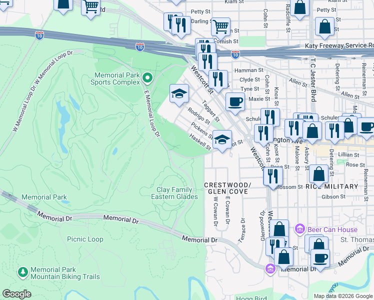 map of restaurants, bars, coffee shops, grocery stores, and more near 6502 Arnot Street in Houston