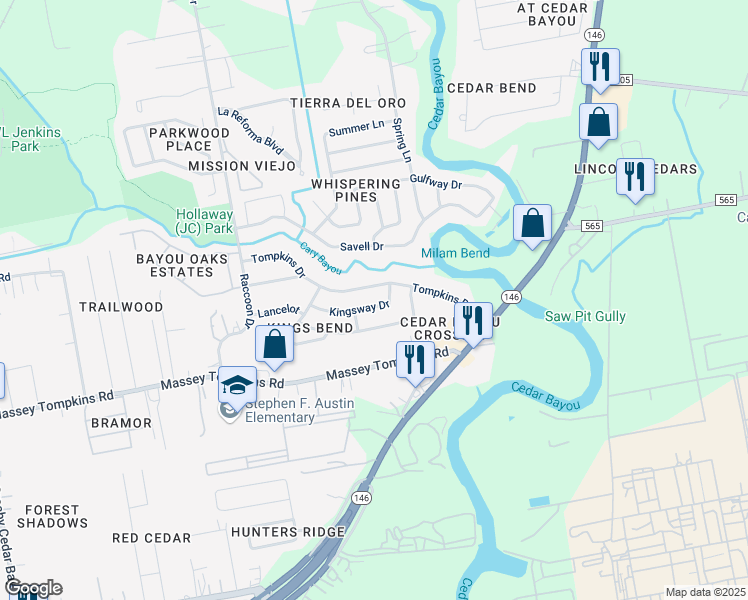 map of restaurants, bars, coffee shops, grocery stores, and more near 3800 Kingsway Drive in Baytown