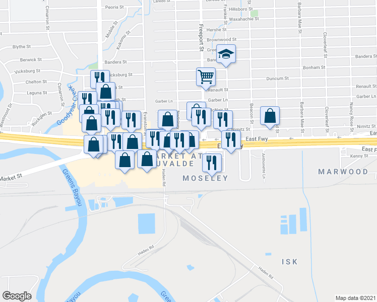 map of restaurants, bars, coffee shops, grocery stores, and more near 13740 East Freeway Service Road in Houston