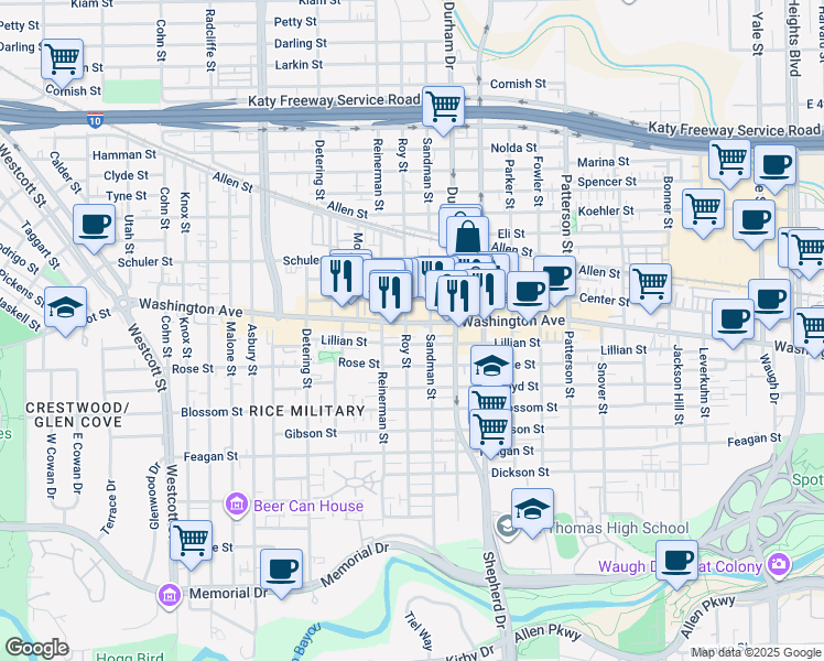 map of restaurants, bars, coffee shops, grocery stores, and more near 5021 Washington Avenue in Houston