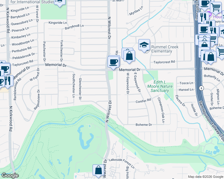 map of restaurants, bars, coffee shops, grocery stores, and more near 410 N Wilcrest Dr in Houston